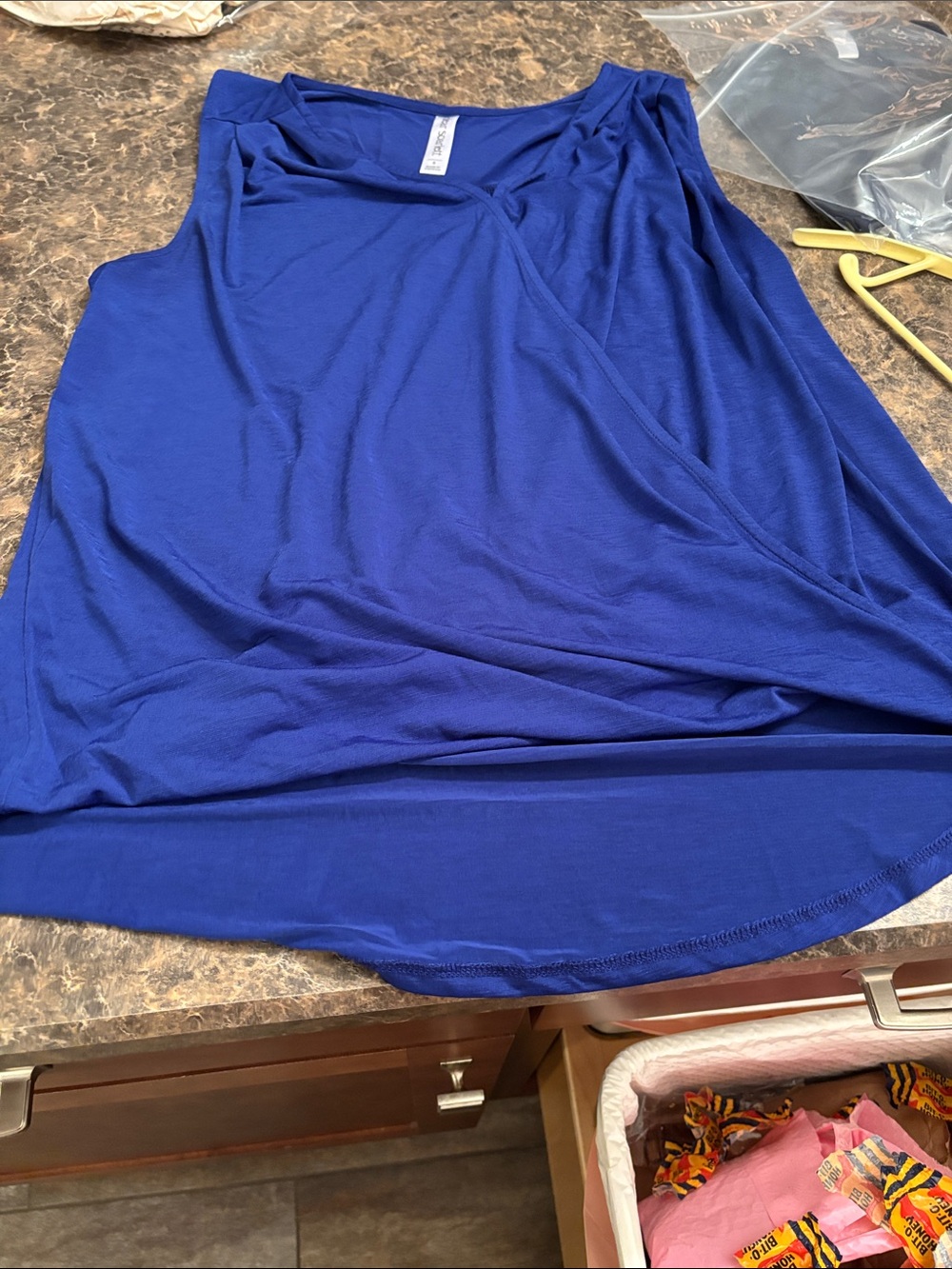 Dear Scarlett Sleeveless Navy Faux-Wrap Draped Top. Small